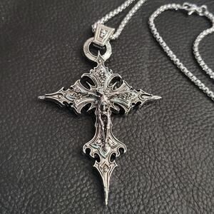 Gothic skeleton crucifix silver tone cross necklace